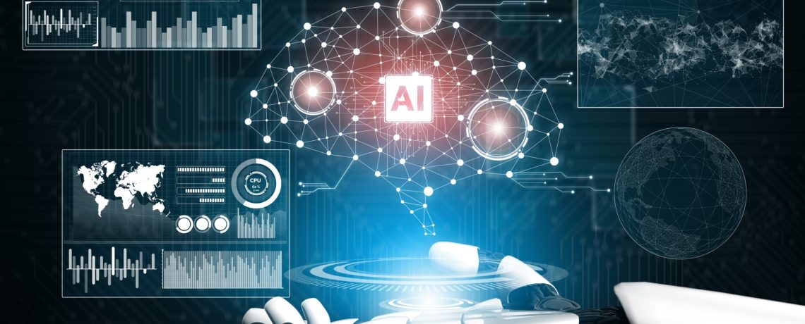 3D Rendering futuristic robot technology development, artificial intelligence AI, and machine learning concept. Global robotic bionic science research for future of human life.