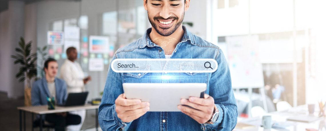 Businessman, tablet or search engine